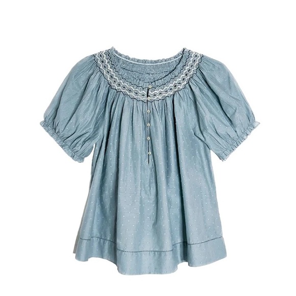 Baybala Tops - Baybala blue Swiss dot smocked puff sleeve blouse L